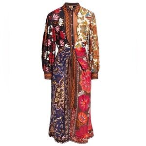 Farm Rio Miranda Patchwork Floral Midi Dress Belted Colorful Boho XS